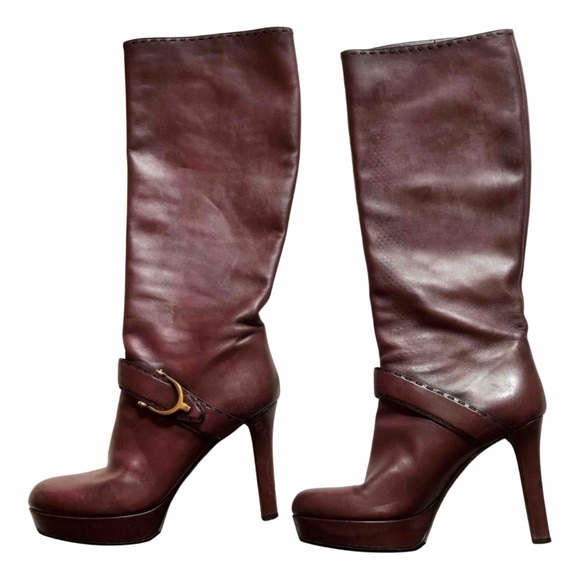 Gucci Shoes - GUCCI cognac colored leather, heeled platform boots with horsebit.